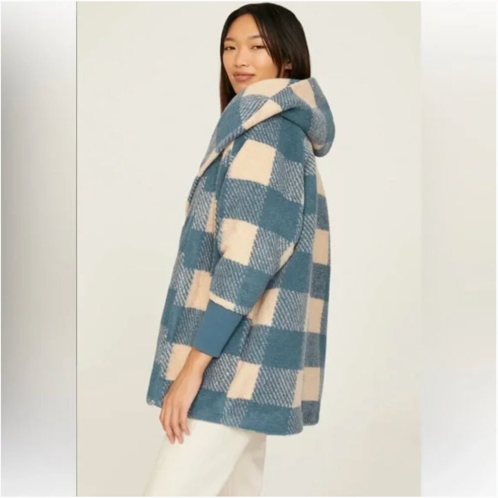 Hatch Maternity Coco Jacket One Size Blue Gingham Plaid Shawl Collar Shearling - Picture 3 of 9